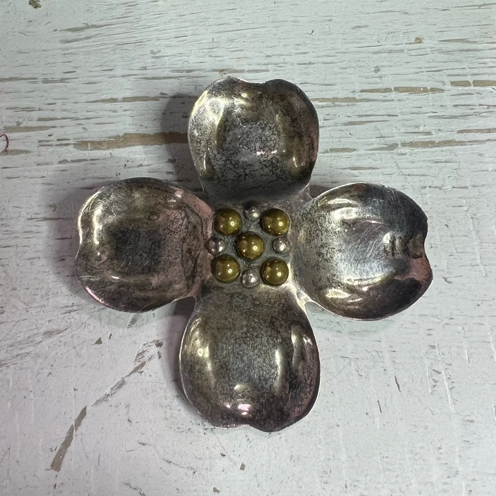 Vintage Mexico Taxco Sterling Silver Dogwood Flower Brooch Necklace Pendant B6